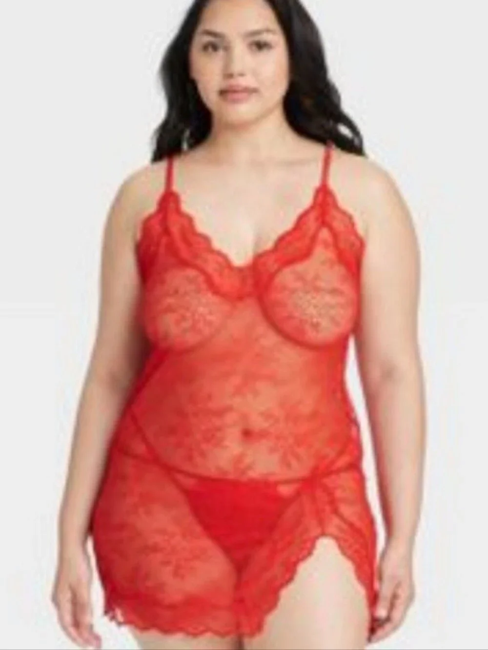 Auden Cherry Red Sheer Lace Baby Doll Mini & Thong Lingerie Set Size L